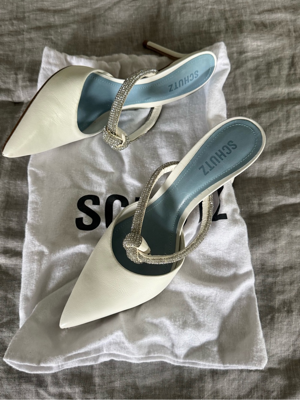 SCHUTZ White Pointed Crystal-Strap Stiletto Mules